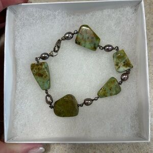 Vintage Green Turquoise Rugged Bracelet Freshwater Pearl Chunky 6” Southwest